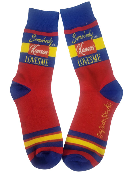 Somebody in Kansas Loves Me in Blue and Red Mens Socks