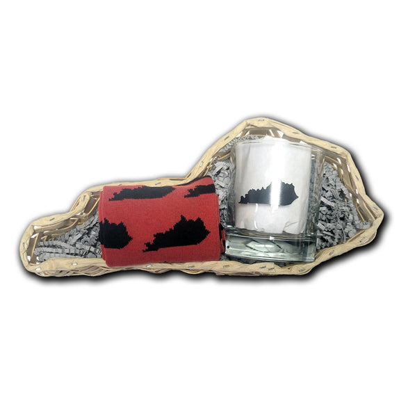 Red and Black Kentucky Sock with Kentucky Rocks Glass Gift Basket