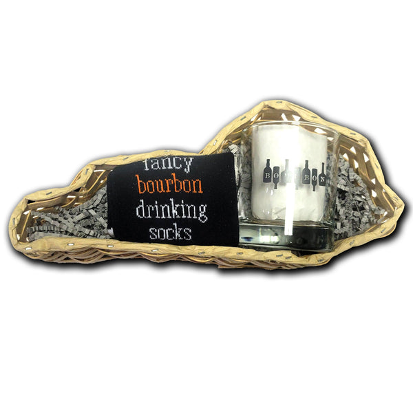 Fancy Bourbon Drinking Sock with Bourbon on Bottles Rocks Glass Gift Basket