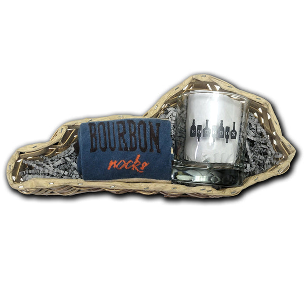 Bourbon Rocks Sock with Bourbon on Bottles Rocks Glass Gift Basket