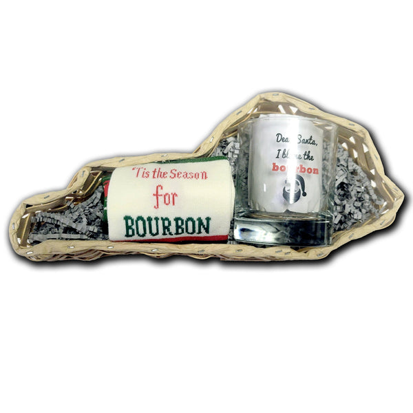 Tis the Season Sock with I Blame the Bourbon Rocks Glass Gift Basket