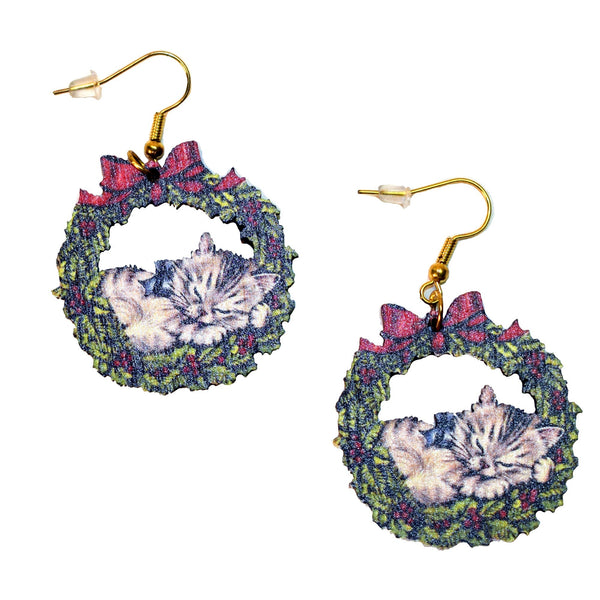 Vintage Cat in Wreath Earrings