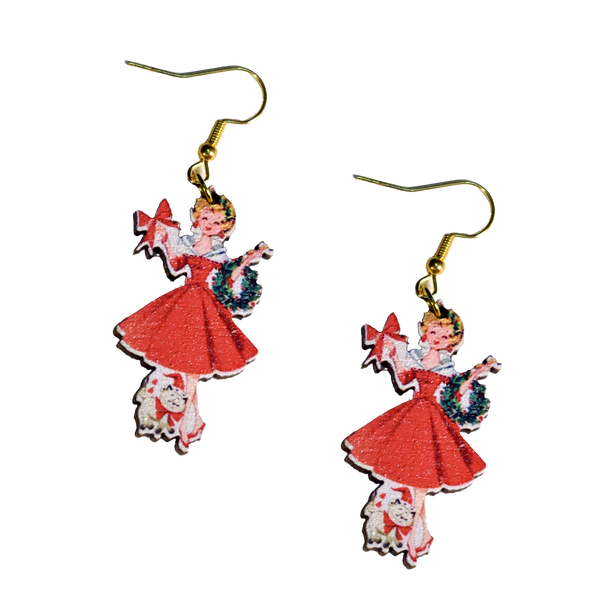 Vintage Christmas Lady with Cat Earrings