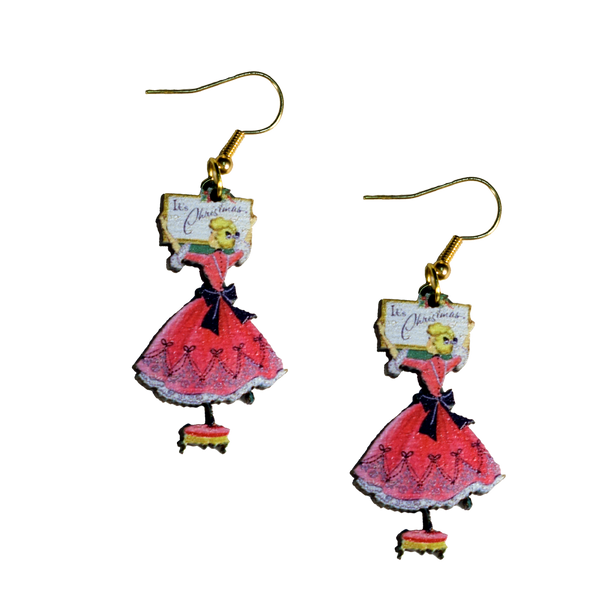 It's Christmas Vintage Lady with Sign Earrings